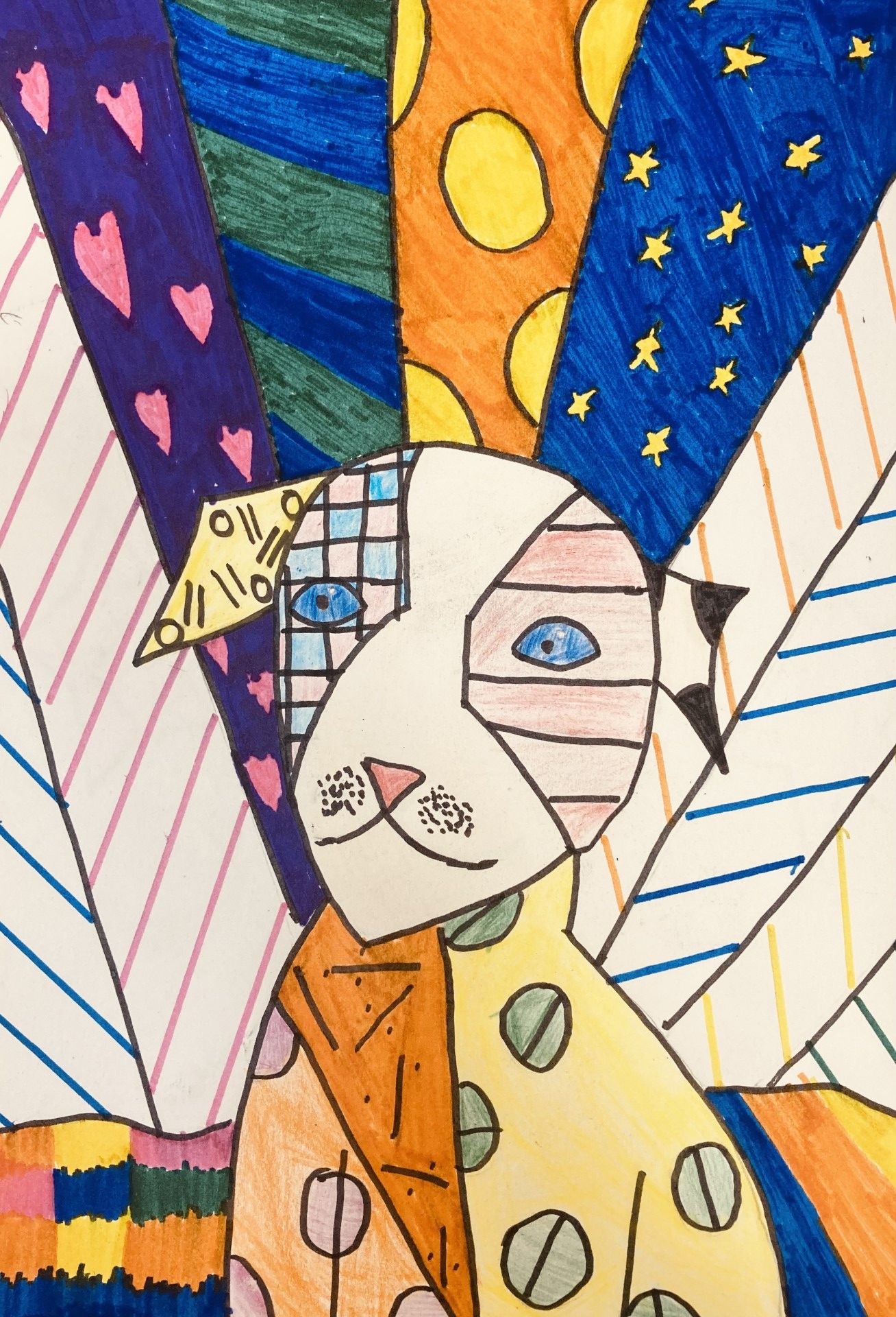 A child's artwork, showcasing a colorful dog in the style of Romero Britto. The image is part of a gallery from Parkside Primary School showing pupil creations.