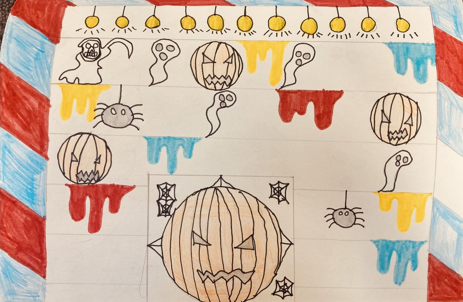 A child's drawing showcasing Halloween-themed imagery, featuring pumpkins, ghosts, and spiders in a repetitive pattern. The style imitates Romero Britto, characterized by bold colors and thick lines.