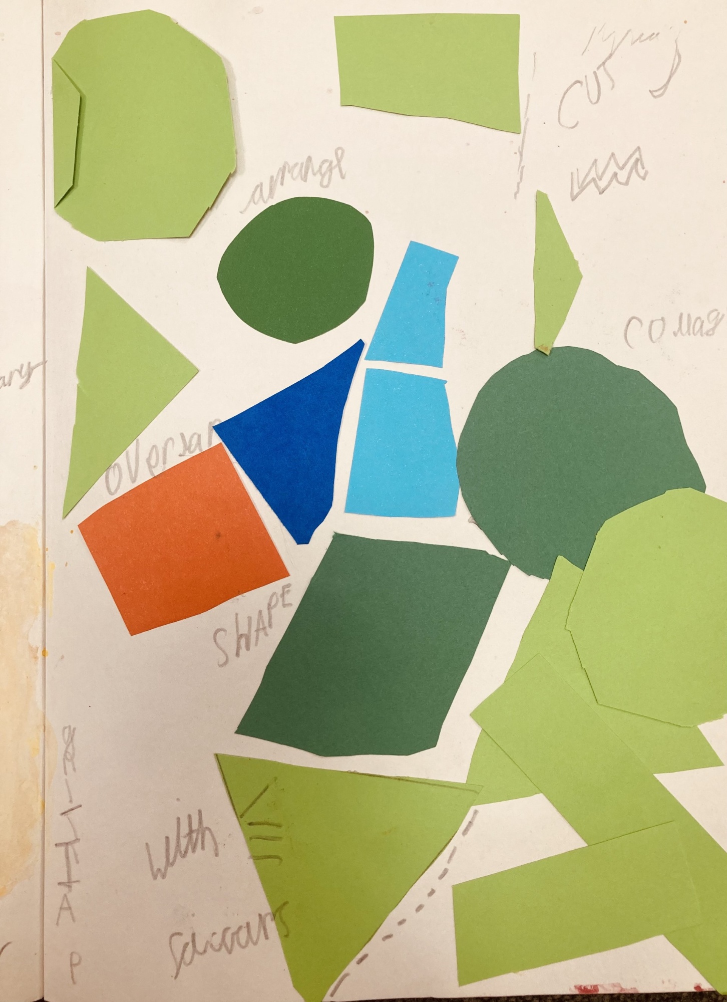 A collage made of paper shapes in different colours is shown with shapes cut out and arranged with handwriting that reads "arrange", "collage", "Shape with scissors."