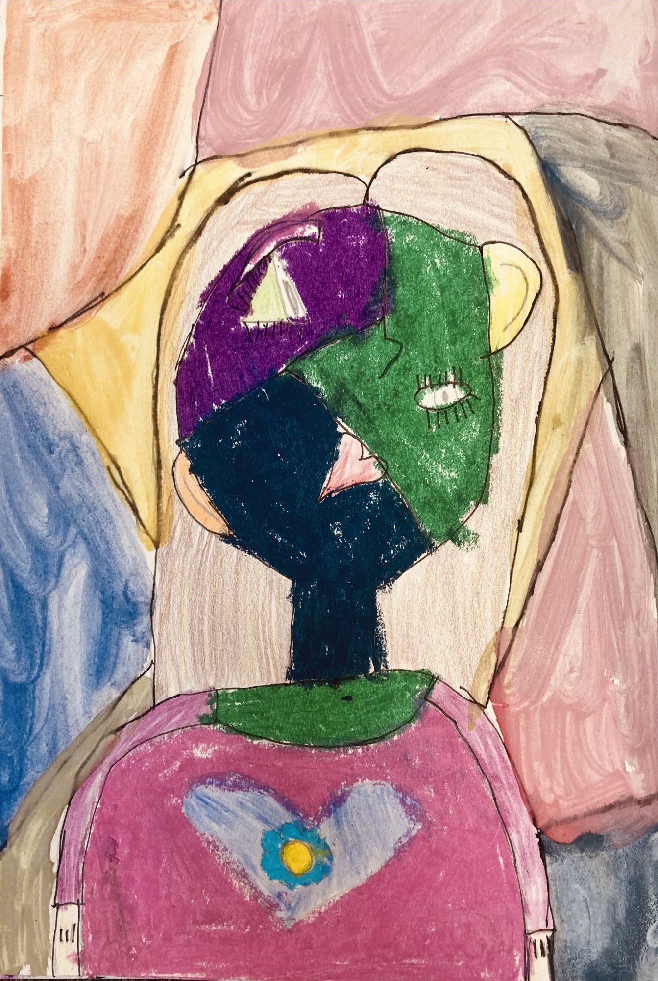 A student art piece that is Picasso-esque. The colourful drawing, depicts a child with a heart on their shirt.
