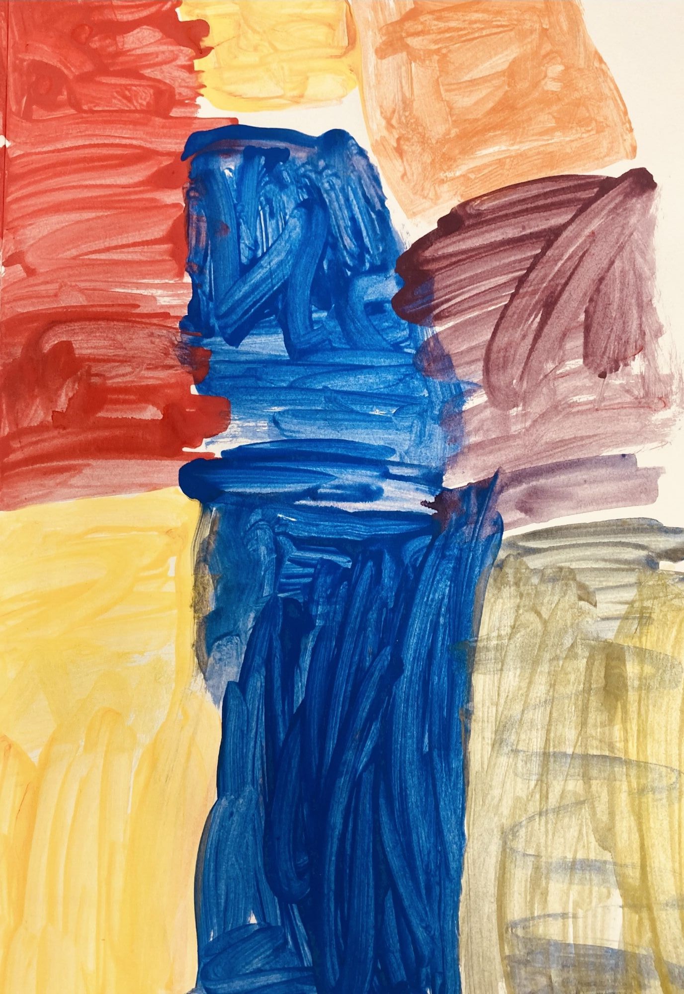 Year One - Colour Mixing : A pupils artwork featuring blocks of color painted in broad strokes, dominated by a vertical streak of blue. 