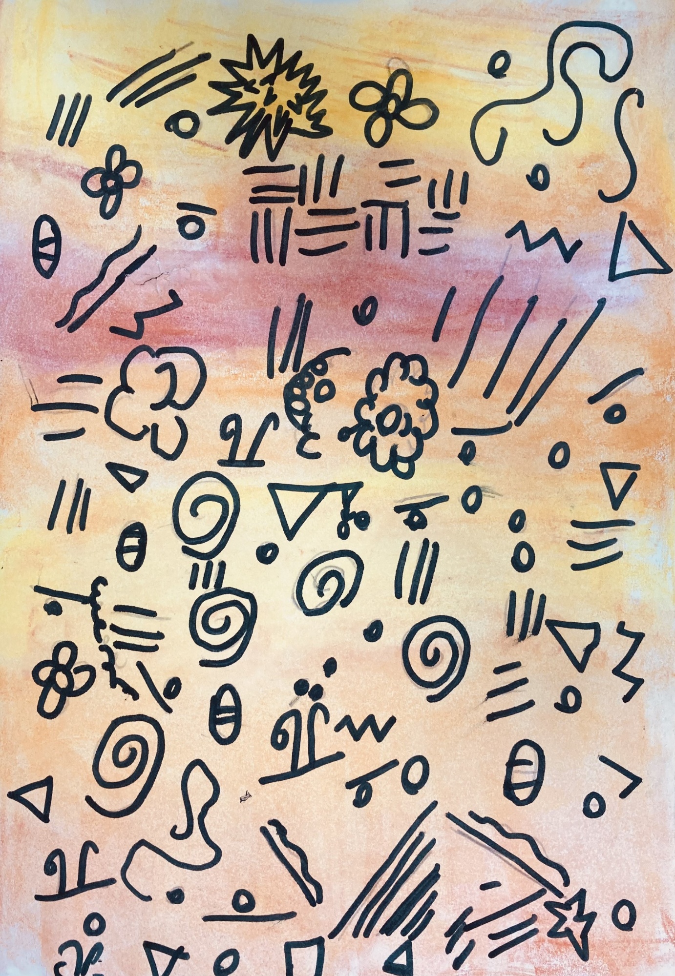 Artwork made by a year five pupil, titled "Year Five - Line Experimentation." The artwork is on a peach-colored background and includes a variety of lines and shapes.