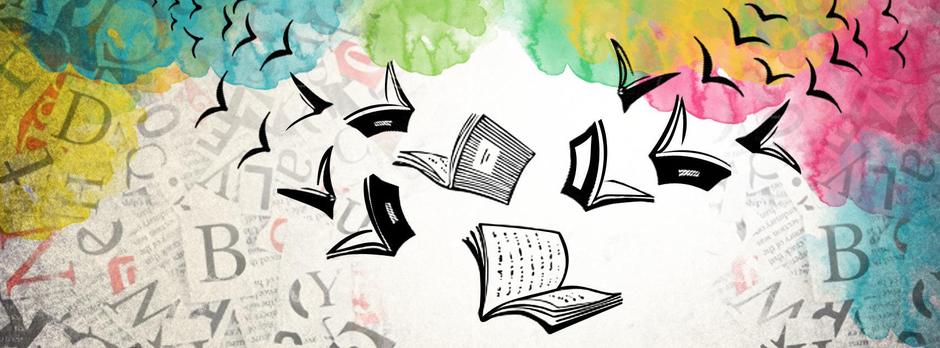 An artistic header depicts books as birds taking flight from colorful, lettered origins. It serves as a visual for a school website.